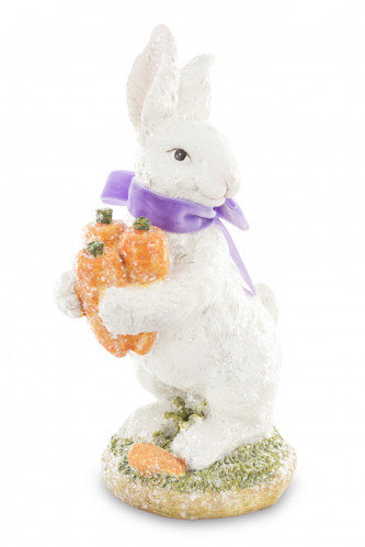 Bílý zajíc s mrkví a fialovou mašlí 22 cm