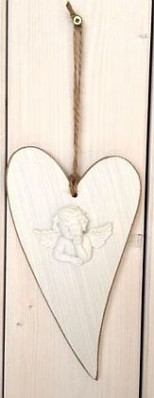 Srdce dřevěné s andělem 13,5x25 cm