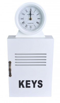 Bílá skříňka na klíče s hodinami