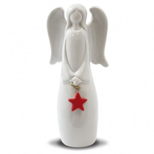Šedý keramický anděl s červenou hvězdičkou