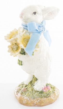 detail Bílý zajíček s květinou a modrou mašlí 23 cm GD DESIGN