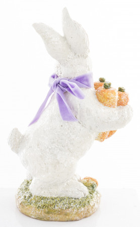detail Bílý zajíc s mrkví a fialovou mašlí 22 cm GD DESIGN