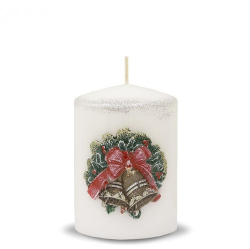 Svíčka válec střední bílá vánoční zvonky
